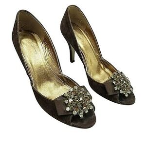J.Crew Brown Suede Leather Peep Toe Rhinestone Embellished Heels Pumps 7.5 Italy